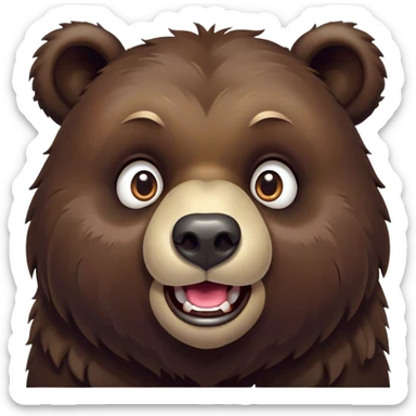 Cinematic Comical Bear Portrait Emoji, Head tilted dramatically with an exaggeratedly amused expression, featuring a striking, glossy dark brown fur with bold fur texture, wide, expressive eyes filled with playful disbelief, Simplified yet hilariously expressive features, highly detailed, glowing with a slightly sassy glow, high shine, dramatic yet playful, stylized with an air of cheeky wilderness mischief, bright and endearing, soft glowing outline, capturing the essence of a spirited and over-the-top bear, so meme-worthy it feels like it could roar its way into internet fame instantly! sticker