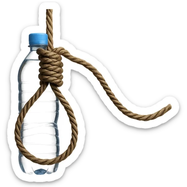A long rope with a noose, a well-visible water bottle wrapped in the rope, no background, realistic style, natural details, symbolic atmosphere, photorealistic and detailed water bottle wrapped in the rope. sticker