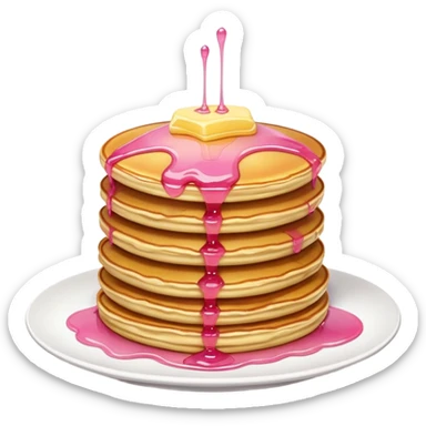 A pile of pancakes with butter on top and pink ayrope sticker