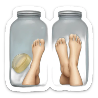 human legs standing on the floor with an ((empty transparent jar)) between them,outside,to the left and to the right,front view sticker