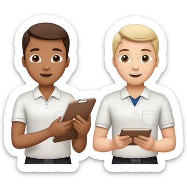 Two team members facing each other, one holding a notepad and the other gesturing, in a collaborative pose sticker