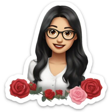 Asian girl, smiling with teeth and dimples on the cheeks, fair skin, black long hair, black eyes, black glasses with gold frames, red lipstick, wearing a white lace tank top and a black office jacket on top, with pink and red roses around herю sticker