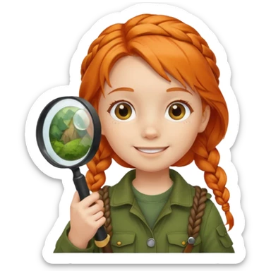 braid orange haired girl kid in moss green explorer outfit, holding magnifying glass, smile sticker
