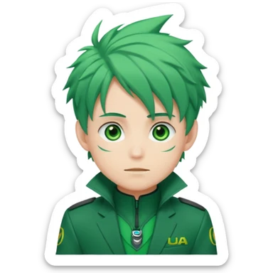 deku : boy anmie green hair green eyes in a ua suit with frenkles sticker