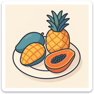 a plate with tropical fruits like pineapple mango and papaya in 2D isometric illustration style sticker