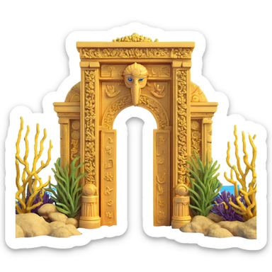 submerged ancient Anunnaki golden gateway, encrusted with barnacles, sea plants sticker
