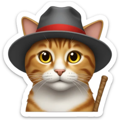 A cat with a red hat and a staff sticker