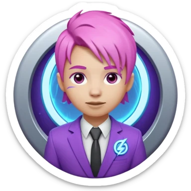 Cute 3D emoji-style character with pink hair and purple eyes, inside a circular badge. No hands, no pose. Clean purple suit with a glowing neon-blue ‘C’ logo on the chest, small lightning accent. Smooth Apple-style lighting, friendly expression sticker