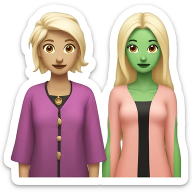 Two witches. One with green skin and black hair and one with pink clothes and blonde hair and peach skin. sticker