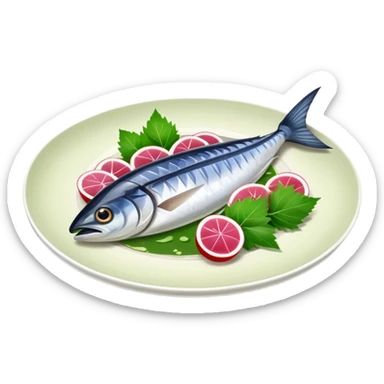 mackerel sashimi on a plate with shiso leaf and wasabi sticker