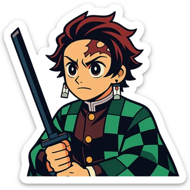 Tanjiro Kamado from Demon Slayer, vibrant anime style, iconic green checkered haori, determined expression sticker