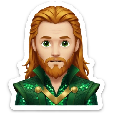 Loki, God of Mischief with long reddish blonde hair and beard, dark green sequin outfit sticker