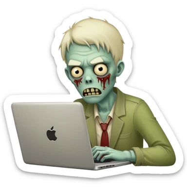 A tired zombie behind a laptop sticker
