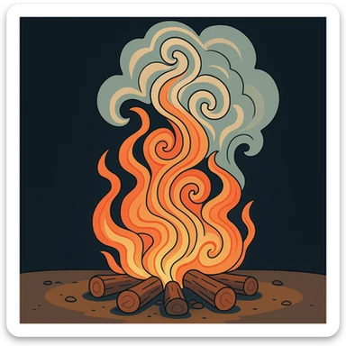 Add a dark background behind the campfire, keeping the fire and smoke hypnotic and swirling, no people, minimal and clear design. sticker