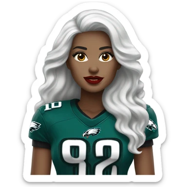 White female long dark hair red lips wearing Philadelphia Eagles jersey sticker
