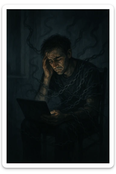 a man sits alone in a dimly lit room at night, illuminated only by the glow of a computer or phone screen. His posture is slouched, and his expression is tired and troubled. Around him, faint, ghostly chains or shadows subtly wrap around his body, symbolizing addiction and emotional distress. The background is blurred, emphasizing isolation and discomfort. in italiano sticker