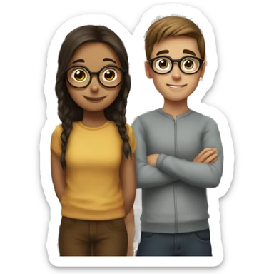 a girl and a boy, next to each other, woth books in front. the girl is ginngerand has round glasses and the boy is brunette and has round glasses.  sticker