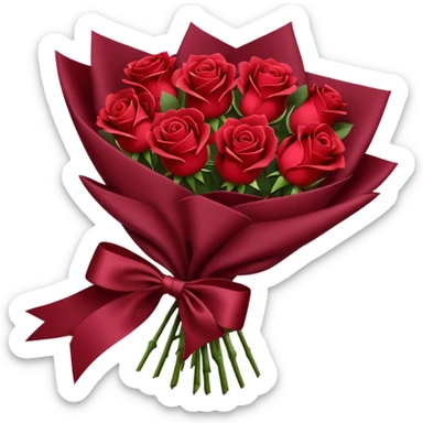 Bouquet of red roses in a burgundy package sticker
