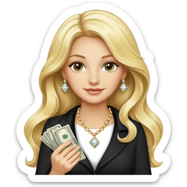 rich long hair blonde millionare woman holding money sticker