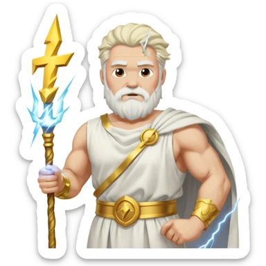 portrait of Zeus, muscular old man with white beard and hair, wearing white toga with gold trim, holding lightning bolt, standing on storm clouds sticker