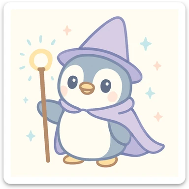 a heroic penguin wizard with a flowing cape, staff, and mystical aura sticker