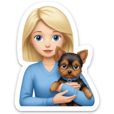 blue eyed blonde holding yorshi terrier puppy in her arms sticker