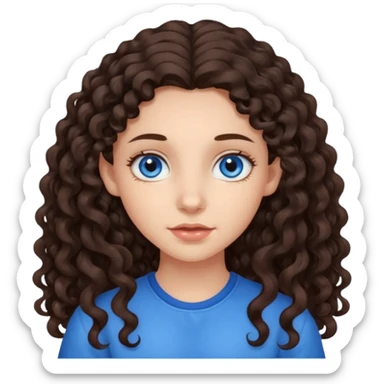 a girl with long dark brown curly hair that starts at the level of her ears, and blue eyes sticker