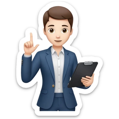 professional character standing and gesturing with one hand, while holding a clipboard or tablet in the other. The character wears smart casual business attire. Clean cartoon style, white background, iOS emoji aesthetic. sticker