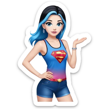 Full body-excited expression-very-beautiful-face-light-pink-lips-very long-very-straight-dark-blue-ombre-hair-and-blue-eyes-thick-black-eyeliner-thick-long-eyelashes-sky-blue-superman-tank-top-with-glitter-and-silver-hoop-earrings sticker