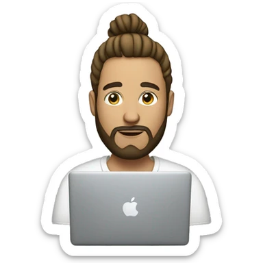 man with bun and beard at a macbook sticker