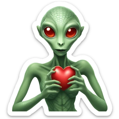 a Reptilian alien woman full body, holding big red heart sticker
