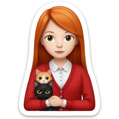 Ginger long straight hair with a red cardigan holding a  fully black cat with a white shirt under the red cardigan sticker