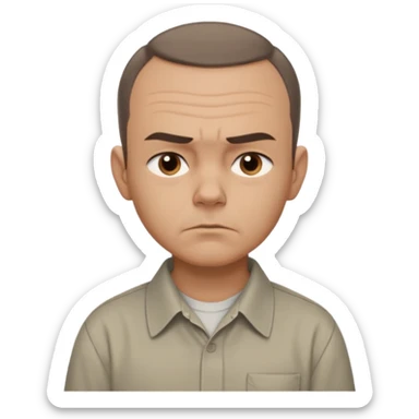 Carl from Sling Blade, serious expression, recognizable features, chin sticking out, slouching posture, no glasses, shirt with collar,  side view,show his entire body, he is standing. three-quarter face angle. He sticks his head forward. face should be more realistic sticker