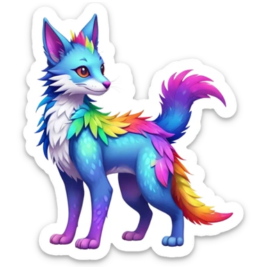 Kawaii neon colorful with feathers-ears rainbow iridescent fantasy ethereal feline-vernid-sergal-fursona animal creature with a tufted tail full body with intricate markings sticker