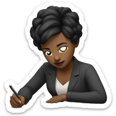 white skin woman with short black hair writing  a notebook on a desk sticker