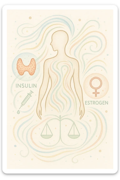 Il corpo è circondato da simboli delicati e bilanciati che rappresentano equilibrio ormonale e metabolico: piccoli cerchi, flussi energetici colorati, simboli stilizzati di tiroide, insulina, estrogeni.  sticker