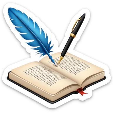 Minimalistic flat vector icon, iOS style, thin black contour on white background. Open script book with a feather pen or clapperboard. No text, no shadows.
 sticker