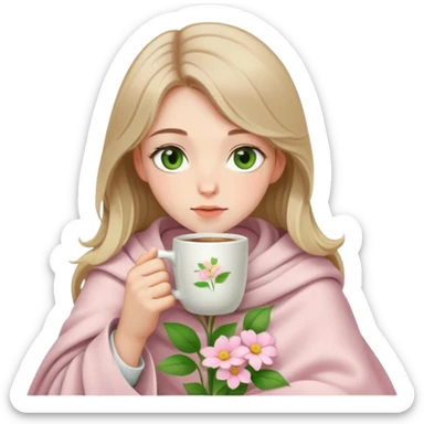 make a pale dark blonde haired girl with green eyes with a light pink blanket with flowers on her sipping coffee from a white mug. Make it aesthetic sticker