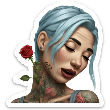 Hyper Realistic Beautiful tattooed woman crying holding a rose sticker