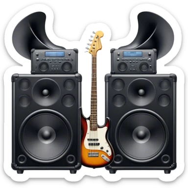 Icon for R&B Music Listening: large concert speakers with waves of musical notes coming out, along with a bass guitar, drum kit, and synthesizer. The icon should convey the energetic and rhythmic vibe of R&B music. Transparent background. sticker
