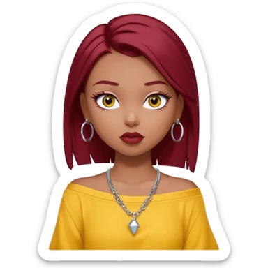 generate a pretty bratz girl in , dark brown eyes. Dark red hair straight long. wearing a yellow oversized tee falling off her shoulder, dainty silver necklace, silver hoops, septum piercings. big eyeliner sticker