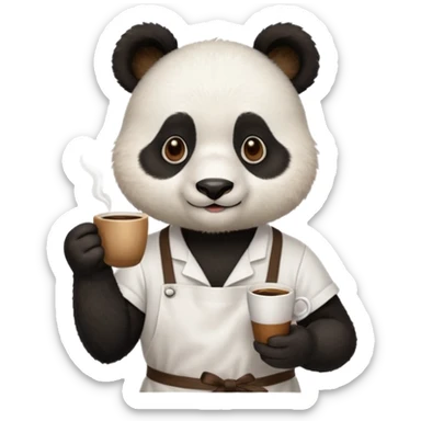 barista panda, wearing apron, holding coffee sticker