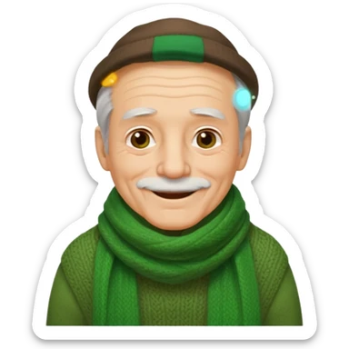 old man with big green scarf and layered sweater warm smile sticker