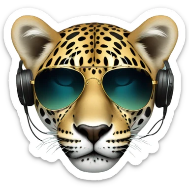cool jaguar dj, emoji face, looking forward, wearing cool sunglasses, wearing over-ear headphones on top of head sticker