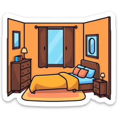 cute bedroom with cream colored walls, wooden bed frame, wooden shelves, fluffy rug, plants sticker