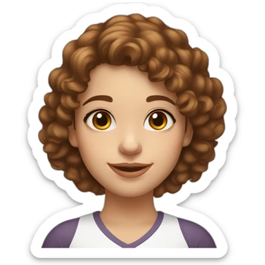 A 27 year old woman with brown shoulder length curlyish hair, hazel eyes, button nose & white skin with rosey cheeks & cleft on chin sticker