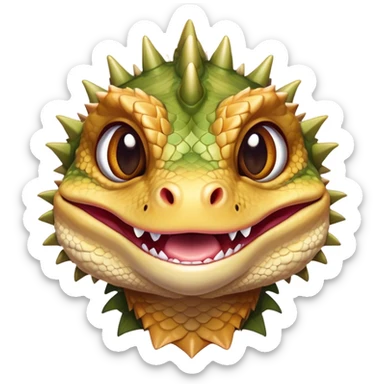 Cinematic Cute Bearded Dragon Portrait Emoji, Head tilted playfully and inquisitively, featuring a glossy, scaled hide in warm olive hues with an adorably scrunched spiky beard and round, sparkling eyes full of curious mischief, Simplified yet irresistibly adorable features, highly detailed, glowing with a warm, friendly glow, high shine, affectionate and lively, stylized with a touch of rugged whimsy, bright and endearing, soft glowing outline, capturing the essence of a mischievous yet loving dragon, so playful it feels like it could scamper out of the screen into your arms! sticker