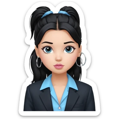 generate a pretty bratz girl with black hair tied up in a single ponytail. wearing a light blue full sleeve shirt and a black blazer over it. silver small hoops, pink lipgloss.  sticker