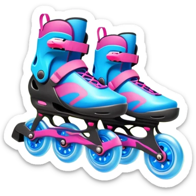 An icon featuring a pair of colorful rollerblades placed on a smooth path. The background showcases a picturesque park with lush greenery, blooming flowers, and a clear blue sky with soft clouds. The bright sunlight adds a cheerful touch to the scene. Transparent background sticker