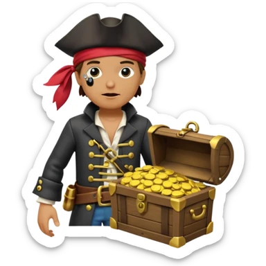 A 3D cartoon pirate character with one eye covered by a black eye patch, holding a treasure chest filled with gold coins and jewels, standing on sandy ground, wearing a pirate hat and coat, warm sunset lighting, realistic Memoji-style rendering. sticker